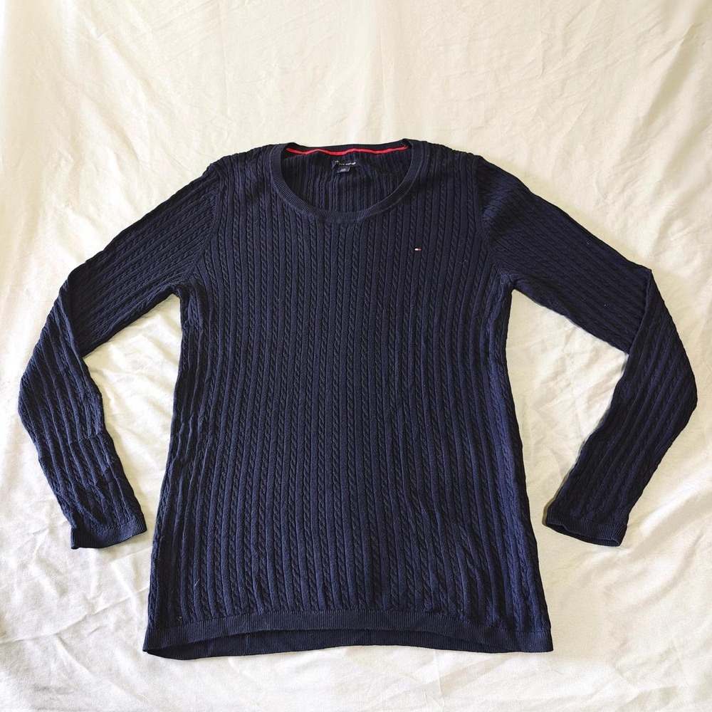 Tommy Hilfiger Womens Navy Blue 100% Cotton Classic Cable Knit Sweater L